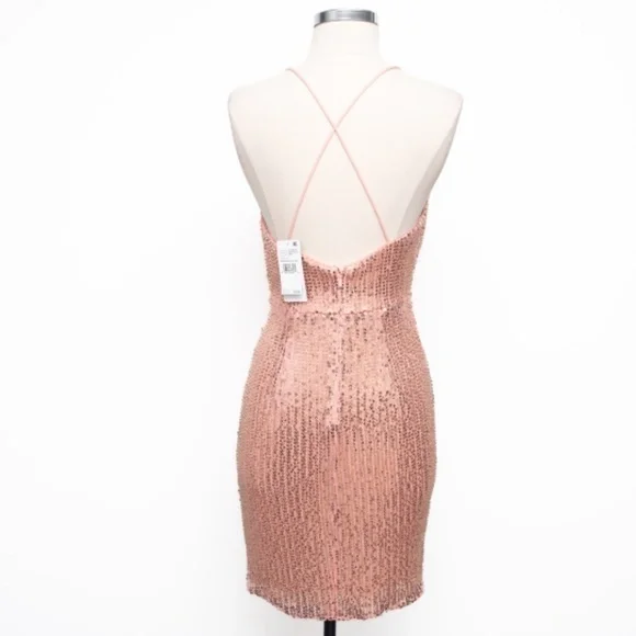 Liv Foster -  Rosy Peach Sequin Draped Plunge V-Neck Mini Dress‎ - Picture 4 of 15